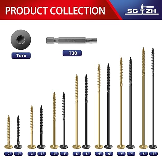 #14 x 3 Inch Outdoor Structural Wood Deck Screws (67Pcs/2lb), Carbon Steel, Black, Flat Head, Rust Resistant Epoxy Coated, T30 Star Bit