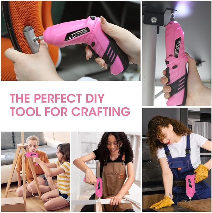 Pink Cordless Electric Screwdriver Set, 3.7V Rechargeable Small Electric Drill with 47pcs Driver Bit Set, Power 3Nm Screw Gun with 2 Position Handle, Flexible Shaft LED Light for Women