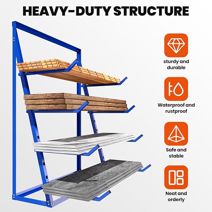 Heavy Duty Garage Storage Rack 4000 LBS, Adjustable 4-Tier Cantilever Lumber Organizer, Wall Mount Alloy Steel Shelf for Wood Log PVC Pipe, Workshop Racking
