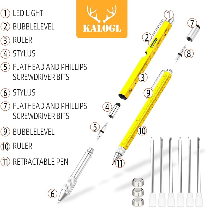 Gifts for Dad Men Him,2 Pack Multitool Pen,Multi-tool Pen with [Stylus, Ballpoint Pen, 6 refills, 4" Ruler, Level, Phillips Screwdriver,LED] (Yellow)