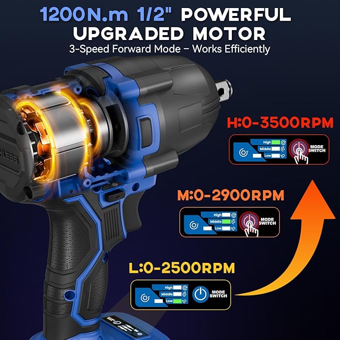 Protmex 900Ft-lbs (1200N.m) Impact Wrench, 1/2" Cordless Impact Gun, 21V High Torque Brushless Impact Driver, 2x4.0Ah Batteries Electric Impact Motor Variable Speeds for Car/Pickup Truck/Mower, Blue