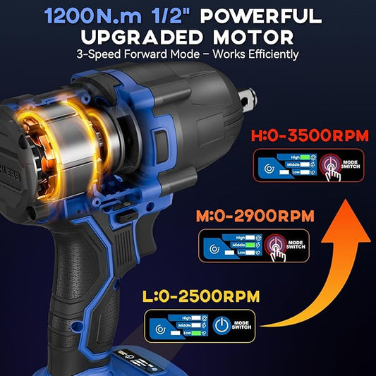 Protmex 900Ft-lbs (1200N.m) Impact Wrench, 1/2" Cordless Impact Gun, 21V High Torque Brushless Impact Driver, 2x4.0Ah Batteries Electric Impact Motor Variable Speeds for Car/Pickup Truck/Mower, Blue