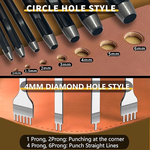 12 Pieces Leather Stitching Punch Circle Hole Cutter Tools Set, 4mm 1/2/4/6 Prong Punch Leather Chisel and 7 Pcs Circle Cutter Tools for DIY Leathercrafts, Belt, Watch Band, Strap