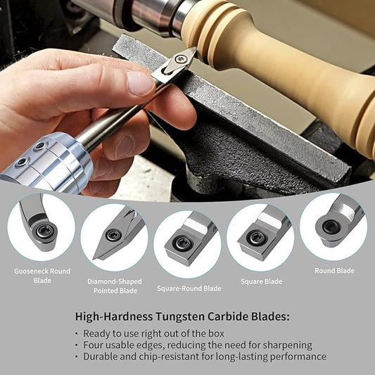 RUITOOL Carbide Wood Lathe Turning Tools Set with Bowl Sander, Including Swan Neck Hollower, Rougher, Finisher, Detailer, 1" & 2" Mandrels, Sandpapers and Aluminum Alloy Handles for Woodturning
