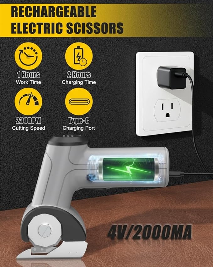 4V Cordless Electric Scissors, [Upgraded] Power Rotary Cutter with 2 Blades & LED Light, Max Cut 1/4" for Cardboard Box/Thin Carpet/Plastic, Includes Storage Case & USB Cable