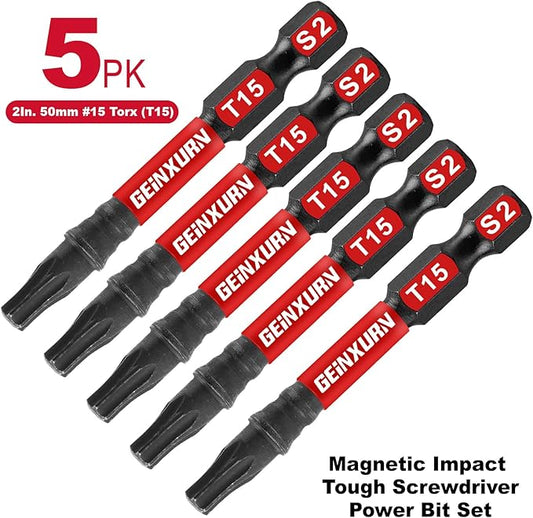 5 Pieces T15 2 In. Impact Tough Magnetic Insert Bit Set, #15 Torx Head Power Bits, S2 Alloy Steel Star T15 Screwdriver Bits Set
