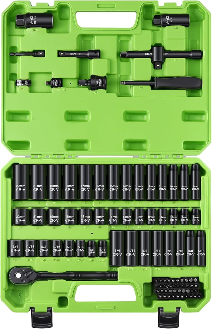 95-Piece 3/8" Socket Set, SAE (5/16"-3/4") & Metric (8mm-22mm), Ratchet Handle, Extension Bar, Adapter, Universal Joint, Power Drill Adapter, Screwdriver Bit, Spark Plug Socket