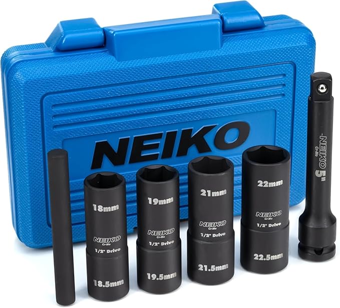 NEIKO 02290B Lug Nut Socket Set, 1/2??Impact Thin Wall Flip Socket Set, Half Size Wheel Socket Set, Metric 6 Point, 5" Extension Bar & Knockout Bar, 18.5mm, 19.5mm, 21.5mm, and 22.5mm