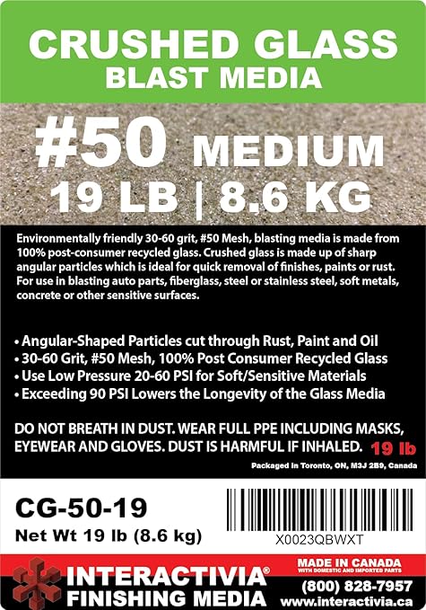30-60 Grit (#50) Crushed Glass Abrasive - 19 lb or 8.6 kg - Blasting Abrasive Media (Medium) #50 Mesh - 559 to 254 Microns - for Blast Cabinets Or Sand Blasting Guns