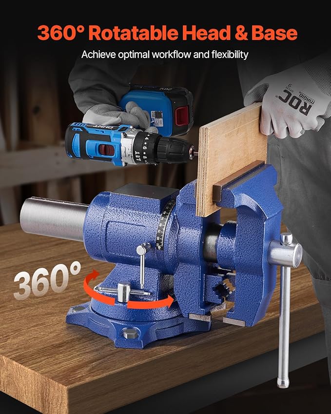 VEVOR Heavy Duty Bench Vise, 6-1/2" Jaw Width, 5" Max Jaw Opening Multi-Purpose Ductile Iron Bench Vise with Anvil, 360째 Swivel Base Head, 3" Throat, 5620 lbs Clamp Force, for Pipe Repairing