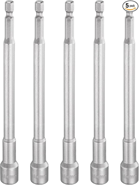 HARFINGTON 5pcs Nut Driver Drill Bit 10mm Metric Socket 1/4" Hex Shank 5.91" (150mm) Long Magnetic 6-Point Sockets Quick Change CR-V Steel Bolt Setters for Power Drill Drivers