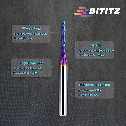 Upcut Spiral Router Bit 1/4 Inch Shank 1/8 Inch Cutting Diameter 1 inch Cutting Length with Extra Long Life Coating CNC Router Bits End Mill for Wood Cutting, Slot Mortise, Engraving