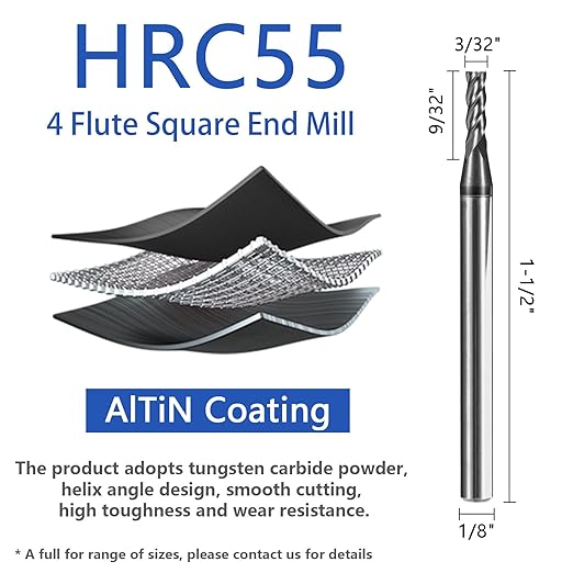 5pcs 3/32" Carbide Square End Mill Bits Set for Alloy Stees/Hardened Steels,Hrc55 Micro Grain Carbide Milling Cutter 4Flute CNC Router Bits with AlTiN Coating