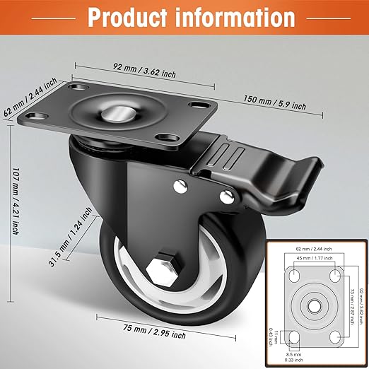Casters, 3" Caster Wheels竊똂asters Set of 8 Heavy Duty - ASRINIEY Black Polyurethane Castors, Top Plate Swivel Wheels, 8-Pack Industrial Casters with Brake, Locking Casters for Furniture and Workbench