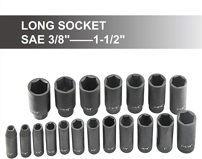 19pcs 1/2" Impact Socket Set, 6-Point Deep Socket, Cr-V Steel, 3/8 inch - 1-1/2 inch