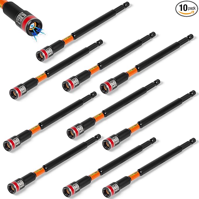 Impact Nut Driver Set, 10 Pieces 6?쒵ong 1/4?? Point Alloy Steel Magnetic SAE Nut Setter Set Use For Require Installing 1/4 Hex Shank Impact Driver with Case Box