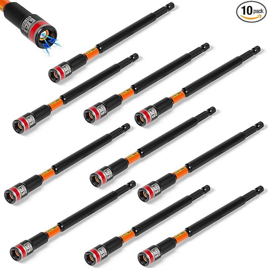 Impact Nut Driver Set, 10 Pieces 6?쒵ong 1/4?? Point Alloy Steel Magnetic SAE Nut Setter Set Use For Require Installing 1/4 Hex Shank Impact Driver with Case Box