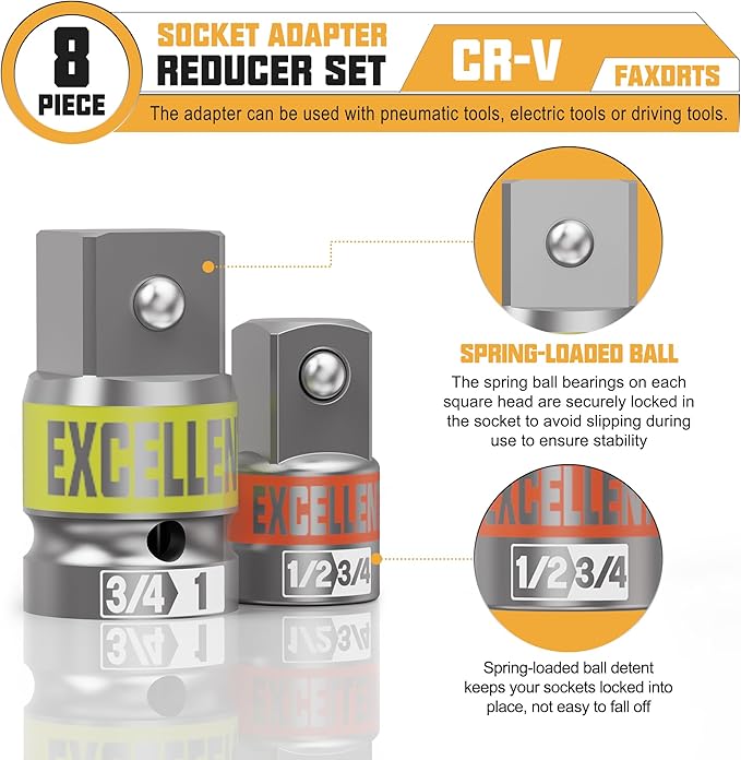 8 Piece Socket Adapter and Reducer Set, 1/4" 3/8" 1/2" 3/4" 1" Drive Impact Socket Adapter Set for Impact Driver Conversions and Power Drill