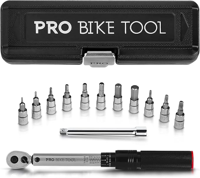 PRO BIKE TOOL Torque Wrench and Torque Screwdriver Set - Precision Tool for Bike Maintenance - 1/4 Inch Drive - 2.2 to 16.9 Nm - Complete Kit with Allen, Torx, Extension - with Protective Case