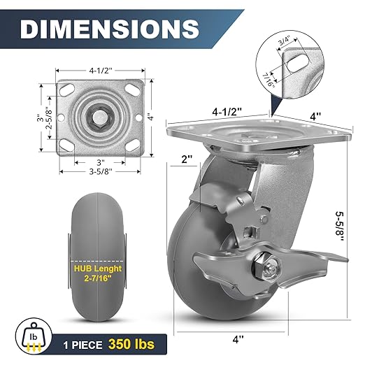 4 inch Thermoplastic Rubber Wheels (Crown Tread)- Casters Set of 4 Heavy Duty - 1400 LB Capacity- Caster Wheels for Furniture Platform Trucks (4 Pack Brake)