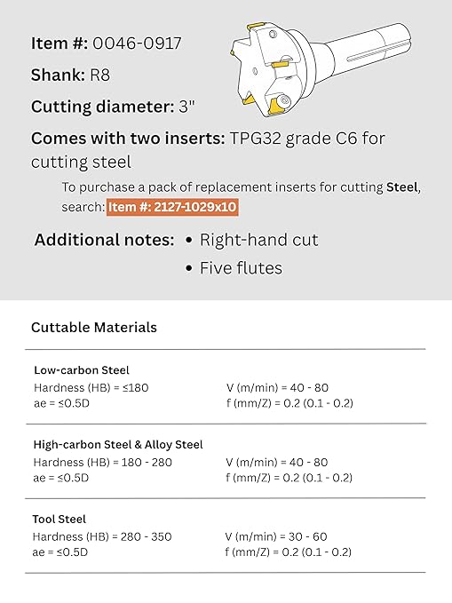 Accusize Industrial Tools 3'' Carbide Indexable End Mill, R8 Shank, 5 Flute, with Tpg322 Inserts, 0046-0917