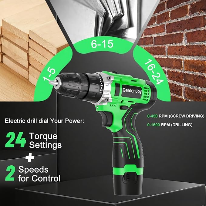 GardenJoy Cordless Power Drill Set: 12V Electric Drill with Battery and Charger, 42pcs Acessories, 3/8"Keyless Chuck, 2 Variable Speed, 24+1 Position, Compact Drill Driver Kit for Home & DIY Project