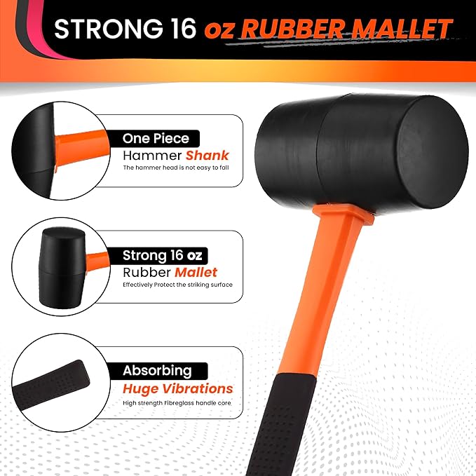 16oz Rubber Mallet Hammer | Non-Marring Soft Blow Mallet with Fiberglass Shock-Absorbing Handle for Woodworking, Flooring, Camping, and Assembly