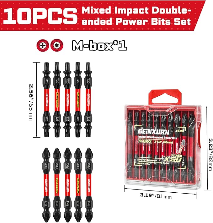 10Pcs Impact Double End Screwdriver Bit Set, 2.56 in. Mixed Reversible Power Driver Bits, Magnetic S2 Steel Two Sides PH2/T20/T25 Screwdriver Bit Tips Set with Storage M-Box