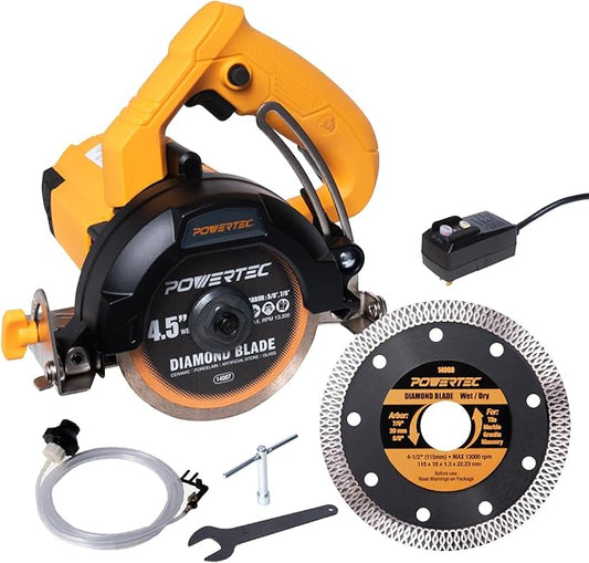 POWERTEC HTS1045C 4.5" Handheld Tile Saw w/ 1 Extra Blade – 12Amp/1400W Motor, Wet/Dry Cutting with Adjustable Water Feed System, GFCI Plug, Bevel & Depth Adjustment, Compatible 4"-4.5" Diamond Blades