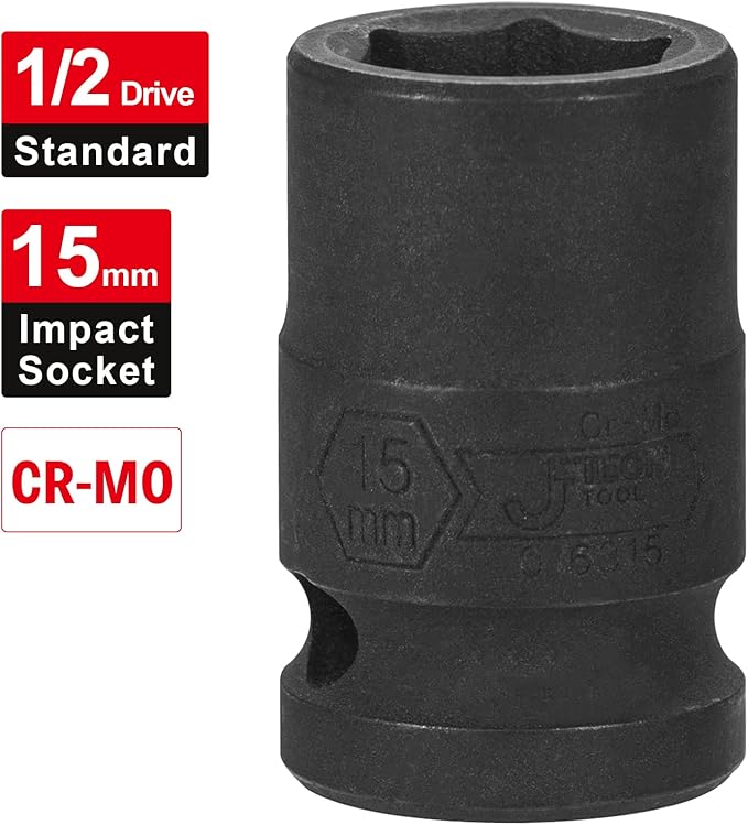 JETECH 1/2 Inch Drive 15mm Standard Impact Socket, Chrome Molybdenum Alloy Steel, 6-Point Design, Metric