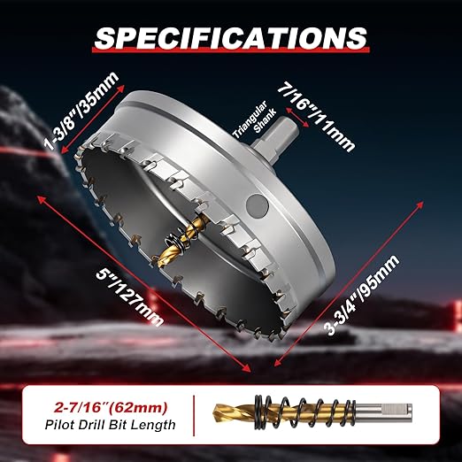 5" (127mm) TCT Carbide Hole Saw Kit for Metal - Heavy Duty Hole Cutter Drill Bits Set with 2 Titanium/Step Pilot Drill Bits & L-Wrench, Cuts Stainless Steel, Iron, Aluminum, Wood, Plastic