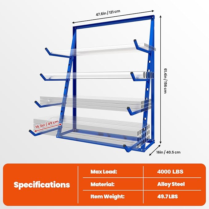 Heavy Duty Garage Storage Rack 4000 LBS, Adjustable 4-Tier Cantilever Lumber Organizer, Wall Mount Alloy Steel Shelf for Wood Log PVC Pipe, Workshop Racking