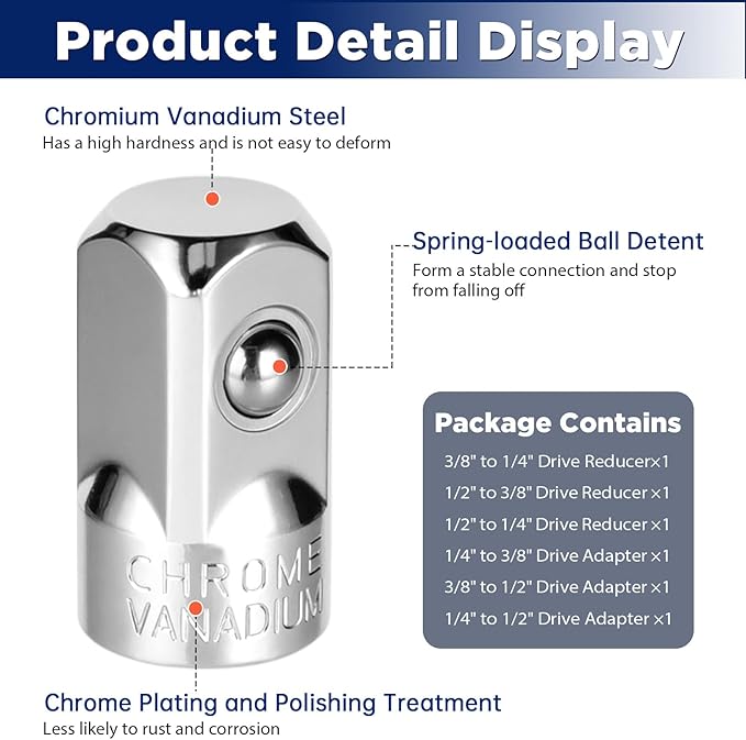 1/4" 3/8" 1/2" Socket Adapter and Reducer Set, 6 Pcs Chromium Vanadium Steel Drive Conversion Adapters, for Automobile Maintenance and Repair, Machinery, Industry, Construction