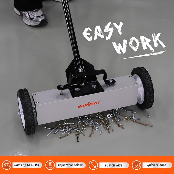 HORUSDY 18-Inch Rolling Magnetic Sweeper with Wheels, Magnet Pickup Sweeper, Push-Type Nail Magnet Sweeper for Workshop, Garage, and Yard Cleanup
