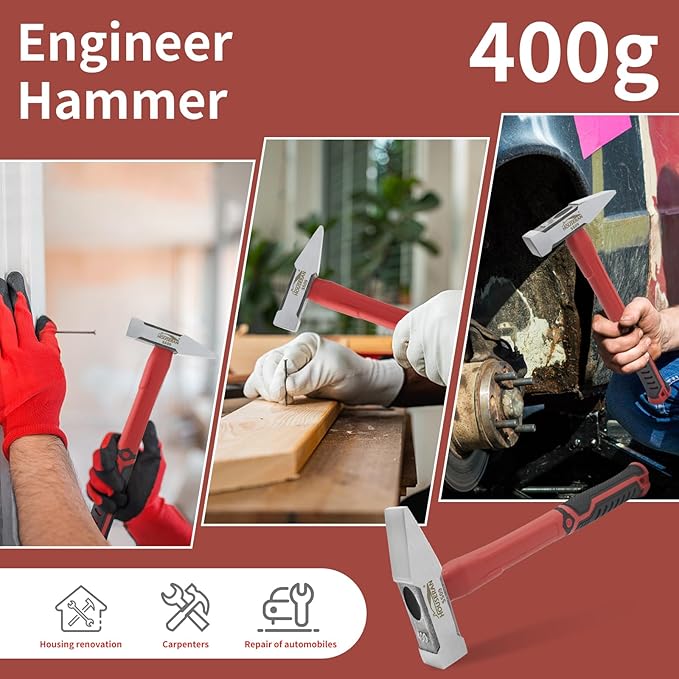 Engineer Hammer, Sheet Metal Hammer 400g, Cross Peen Hammer With Non-slip Rubber Grip For Construction, Gardening, Home Improvement