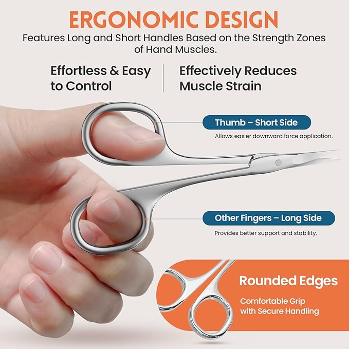 THRAU Left-Handed Cuticle Scissors ??Surgical Grade Stainless Steel with Sharp Curved Tip for Cuticles, Nails, Eyebrows, Eyelashes, Nose Hair & Beard ??Ideal for Manicure & Precise Grooming