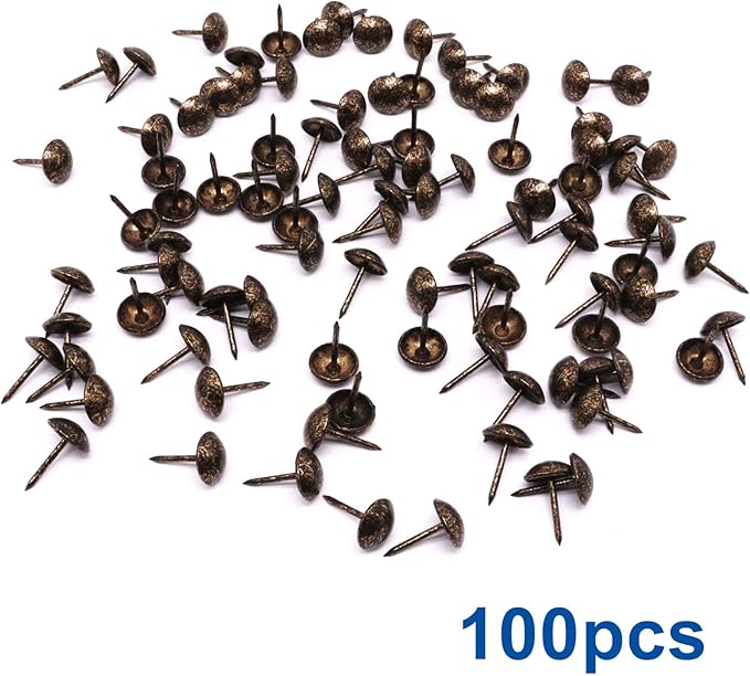 YuGtcen 100pcs Upholstery Tacks for Furniture, Decorative Nails Thumb Tacks Metal Upholstery Nails for Wood Pins Vintage Furniture Tack (11x17mm, Antique Bronze)
