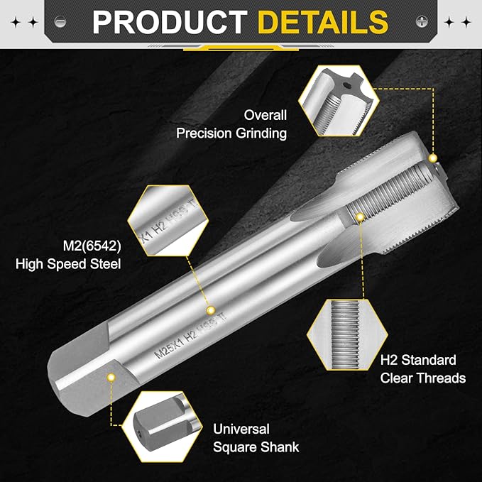 uxcell Hand Plug Tap M25 x 1 H2 Metric Thread Plug Style Taps Straight Flute Screw Tapping Threading Tool High Speed Steel HSS6542