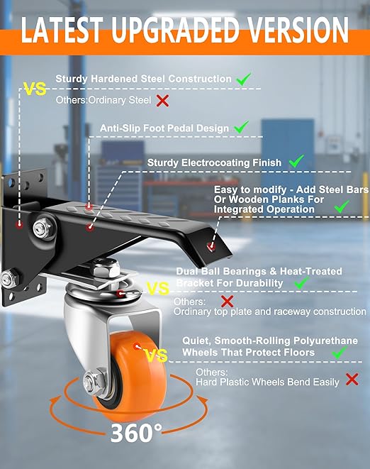 Caster Wheels, 2.5 Inch Workbench Casters Set of 4 Heavy Duty - 600 Lbs Capacity Retractable Swivel Castors with No Noise Polyurethane Wheels, Easy to Install for Tables Legs, Work Bench & Tool Carts