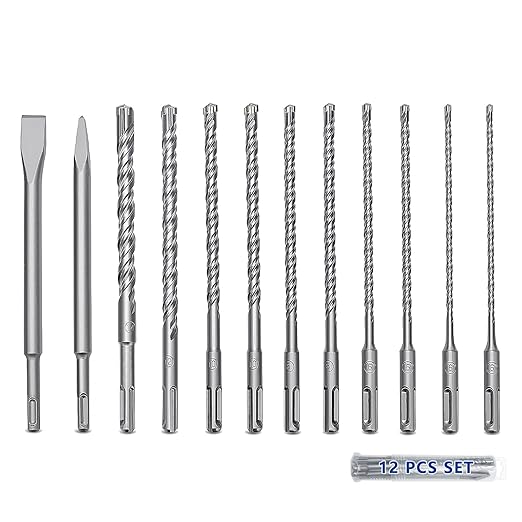 12 Pcs 5/32 to 1/2 inch (4-12mm) SDS Plus Rotary Hammer Drill Bits and Chisel Set, 6 inch Length SDS Plus Masonry Drill Bits Set for Concrete, Brick, Cement，Masonry Work, Length 6 inch