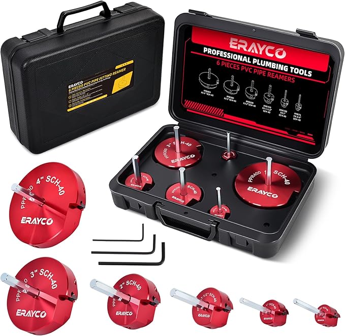 ERAYCO 6-Piece PVC Pipe Reamer Kit-Professional Aluminum Socket Saver Kit (3/4", 1", 1-1/2", 2", 3"4?? with Rotatable Carbide Inserts-Hex Shaft Fitting Saver for Schedule 40, CPVC & ABS Plumbing