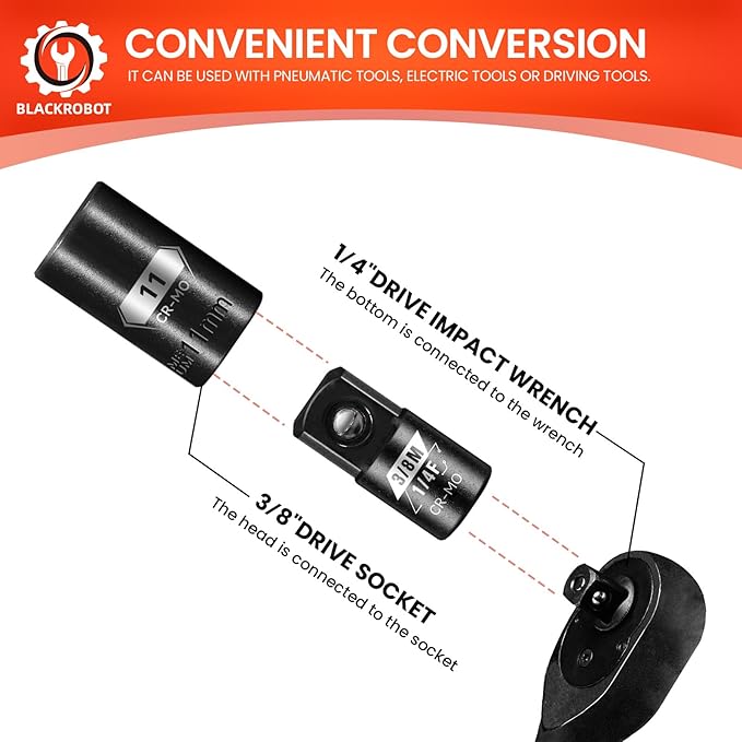 BLACKROBOT 4 Piece 1/4?쒯 To 3/8?쒶 Impact Socket Adapter Set,SAE Drive Cr-Mo Steel Exceeds ANSI Standards,Square Drive Reducer for Impact Driver Wrench