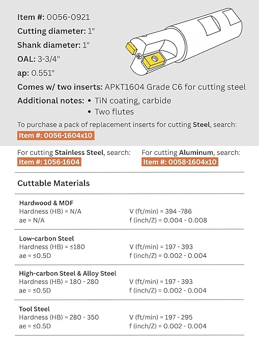 Accusize Industrial Tools 1'' 90 Deg Square Shoulder Indexable End Mill with Apkt1604 Inserts, 0056-0921