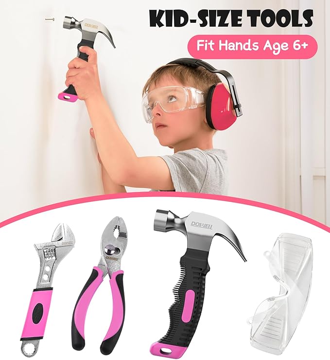 DOWELL 14 Pieces Kids Real Tools Pink Tool Set竊똖ool Kit with Storage Bag for Boys, Girls, Children DIY Building and Woodworking, Age 8+