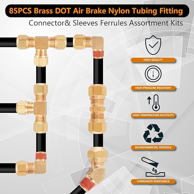 85Pcs DOT Air Brake Line Fittings,1/4" 1/8" 3/8" 1/2" Brass DOT Compression Air Nylon Tubing Fittings Assortment Repair Kit for Truck or Industrial Air System