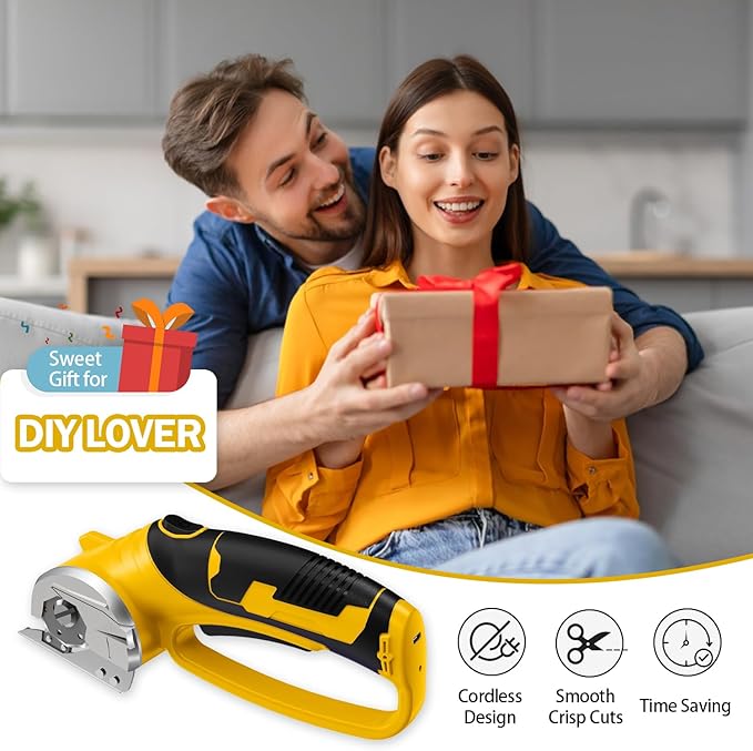 Cordless Electric Scissors, 4V Rechargeable Box Cutter & Cardboard Cutter with Titanium Blade, LED Light, Safety Lock - Rotary Cutter for Fabric, Leather, Carpet, Plastic, Crafting, Sewing(Yellow)