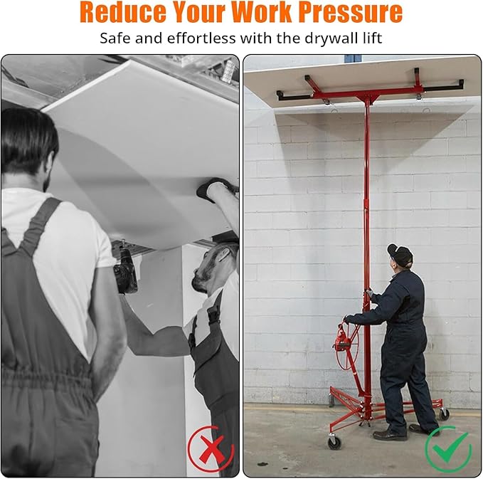 11 FT Drywall Lift Panel Rolling Hoist Jack Lifter, Sheetrock Lift Drywall Lift, Foldable Adjustable Drywall Jack Lift for Ceiling and Walls and Home Improvement, with 3 Lockable Wheels, Red