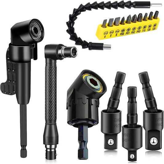 17 Pcs Flexible Drill Bit Extension 105 Degree Right Angle Drill Adapter,360째 Rotatable 1/4 3/8 1/2" Impact Grade Socket Adapter Set,90째 Angled Bits,Super Bit Shaft Extension Bits,Screwdriver Bit Set