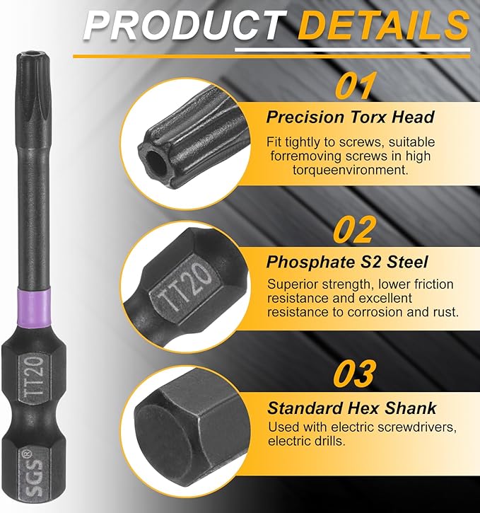 HARFINGTON 2pcs TT20 Torx Head Impact Screwdriver Bits 1/4" Hex Shank 2" (50mm) Long Magnetic Tamper Proof 6 Point Star Screw Driver Drill Bits Phosphate S2 Steel Power Tools with Hole
