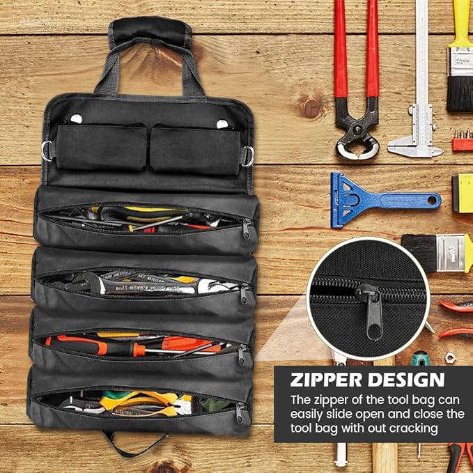 Roll Up Tool Bag, Heavy Duty Tool Organizer with 5 Compartments & 2 Detachable Pouches, Portable Foldable Waterproof Tools Bag for Dad Men Electrician Mechanic Gifts (COLOR:Black)